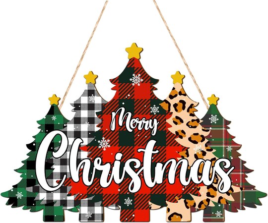 Greentek; Merry Christmas Door Sign, Wooden Christmas Tree Wreath Hanging Plaque, Buffalo Plaid Farmhouse Holiday Decor, Rustic Front Door Wall Hanger, Xmas Party Decoration for Indoor Outdoor Home; Category:Porch Signs; Image:1